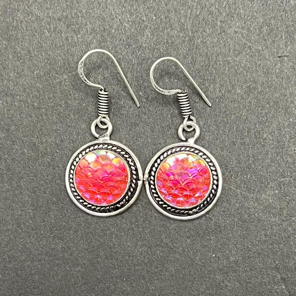 Mermaid Earrings Silver‎ Tone Pink Orange Iridescent Scales Festival